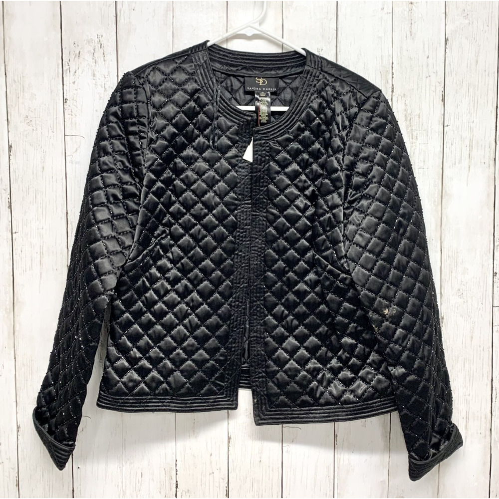 Vintage Sandra Darren Jacket Women Sz 10 Black Quilted Sequin Beaded Open Front
